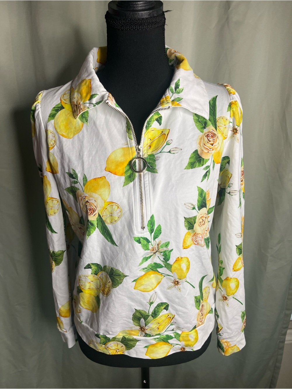 Boston Proper White Long-Sleeve Half-Zip Pullover with Yellow Lemon Print